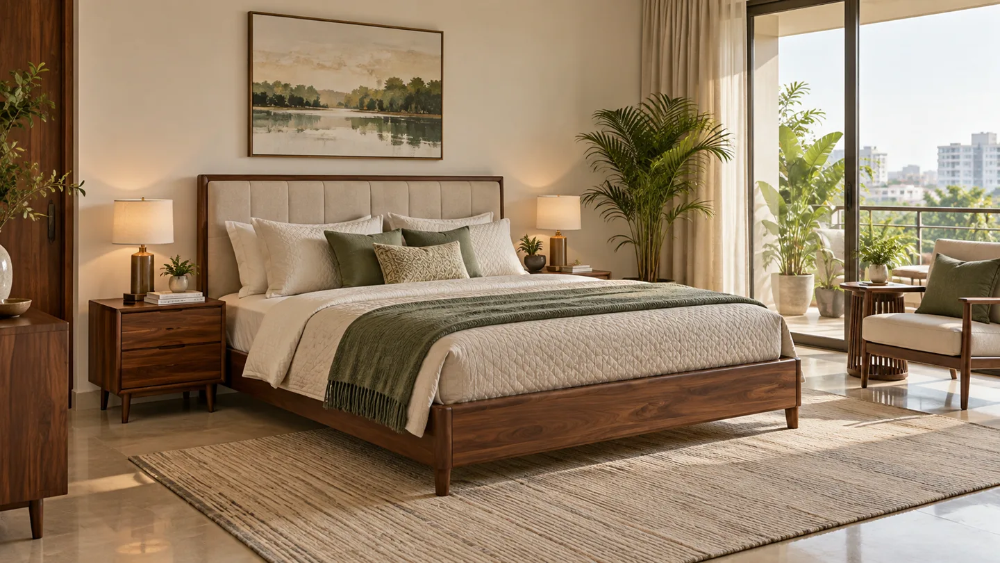 Walnut and ivory upholstered bed design inspiration